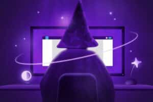 Eine violette illustration eines Zauberers mit Hut, der vor einem leuchtenden Bildschirm sitzt