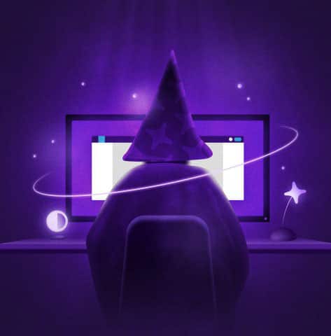 Eine violette illustration eines Zauberers mit Hut, der vor einem leuchtenden Bildschirm sitzt