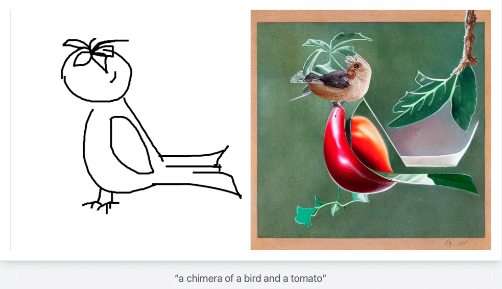 Ein vorher-nachher Bild von einer Skizze, in der ein Vogel eine Tomate als Kopf abgesetzt hat. Das generierte Bild entspricht nicht dem prompt