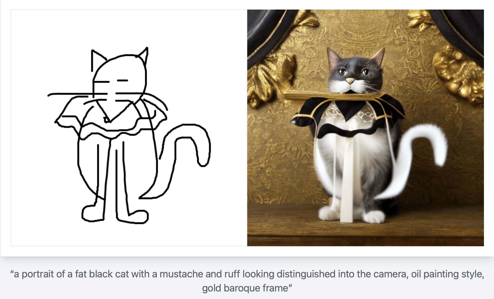 Eine Skizze von einer Katze mit Halskrause und ein digitales Gemälde von derselben Katze in färbe und vor goldenem Hintergrund rechts