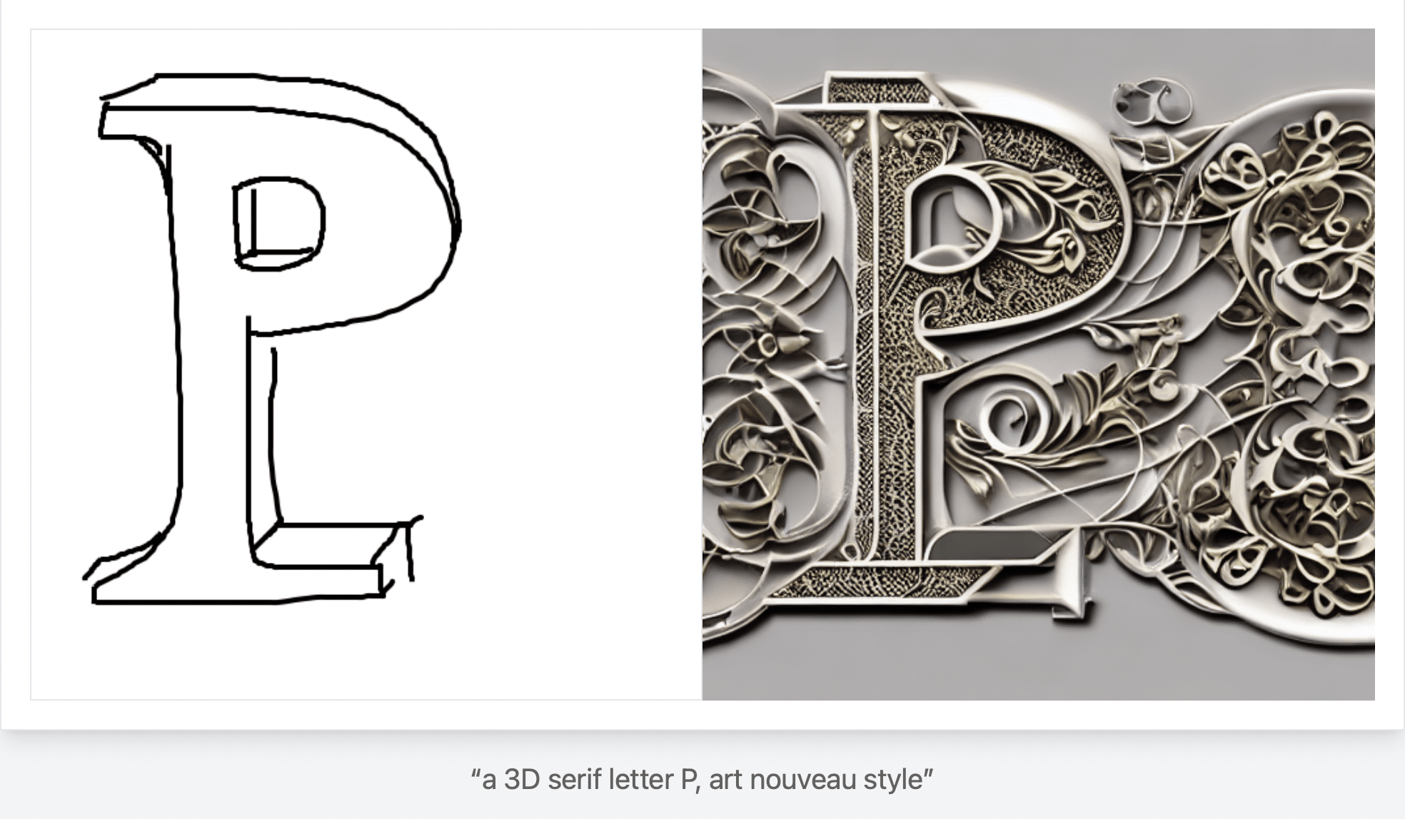 links sieht man ein skizziertes P in Serifenschriftk das rechts als 3D-Relief im Art Nouveau Style umgesetzt wurde