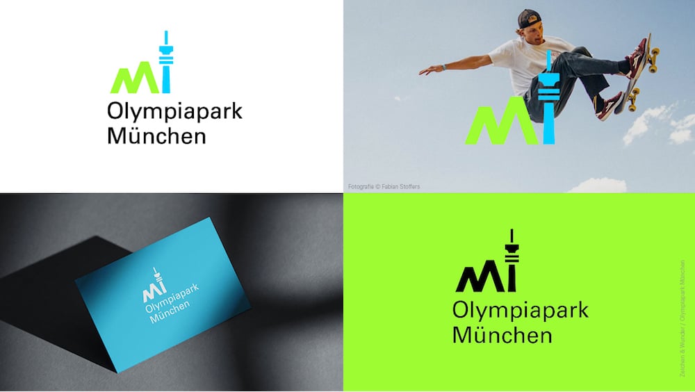 Neues Erscheinungsbild für den Olympiapark München von Zeichen & Wunder: Verschiedene Nutzungsvarianten des Wort-Bild-Logos