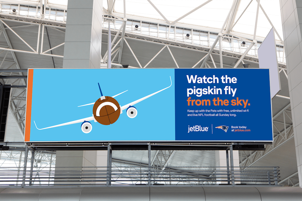 Watch the pigskin fly from the sky: Billboard von Jet Blue mit einer Illustration von Pâté 