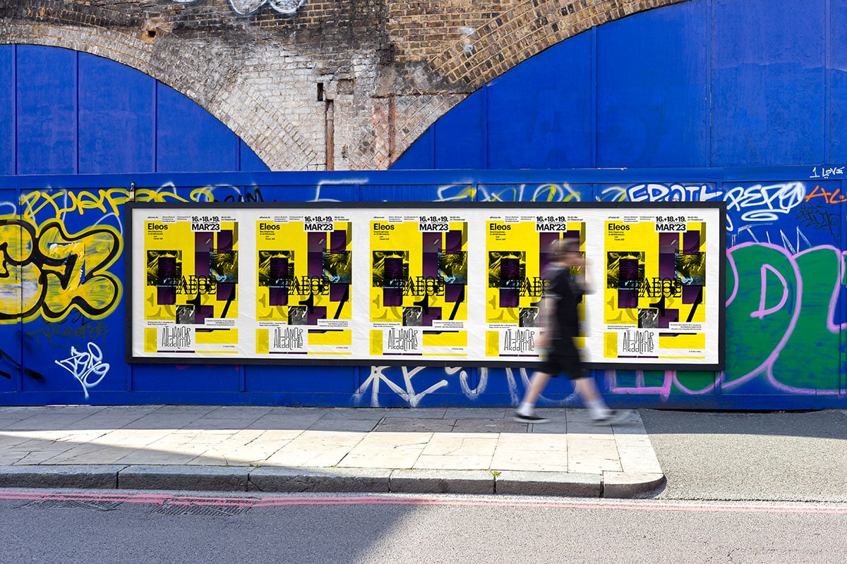 eine Plakatreihe mit Gelben Farbflächen und Fotos, die in einem typografischen Rahmen stehen