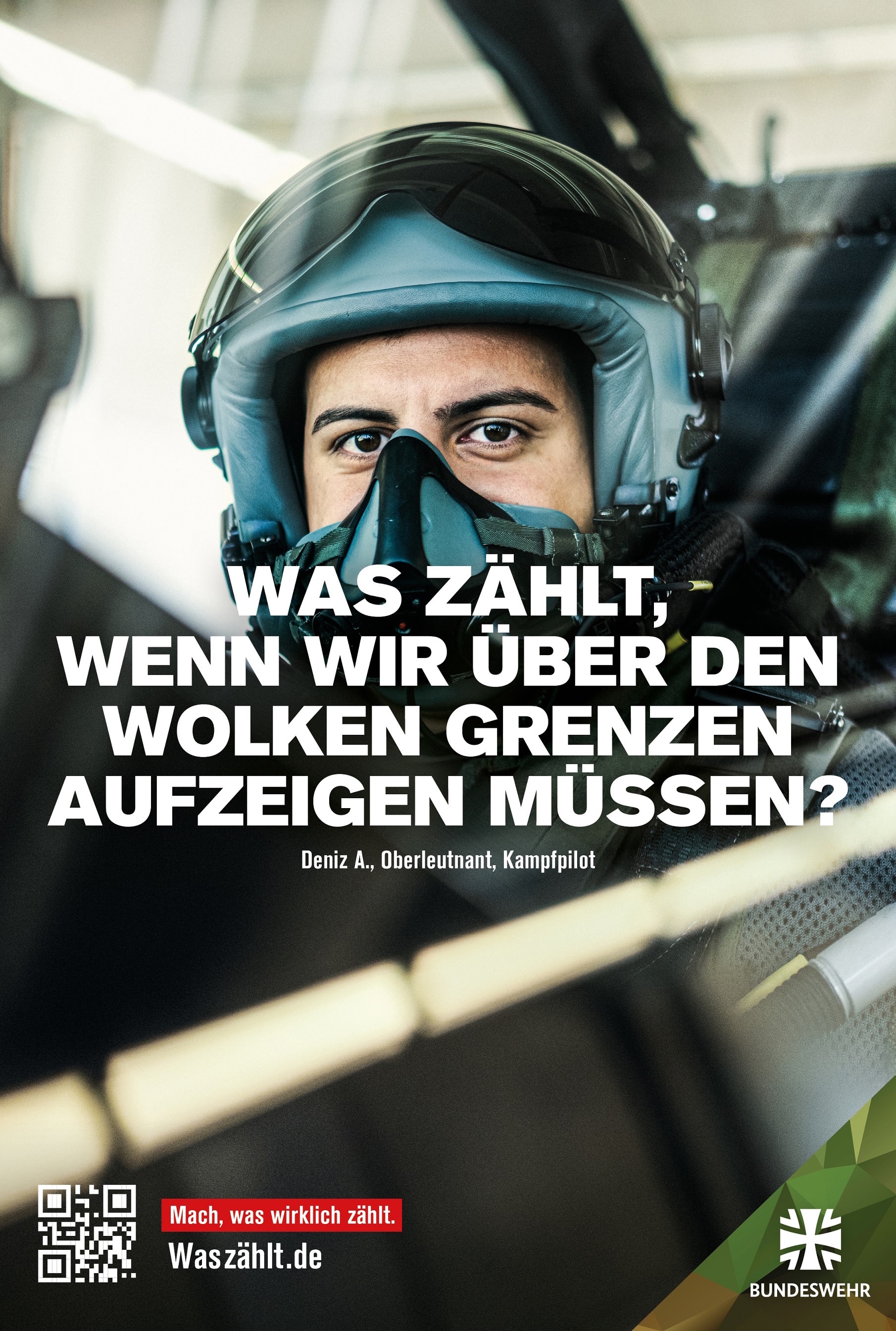 Plakat der neuen Rekrutierungskampagne der Bundeswehr. Zu sehen ist ein Kampfpilot