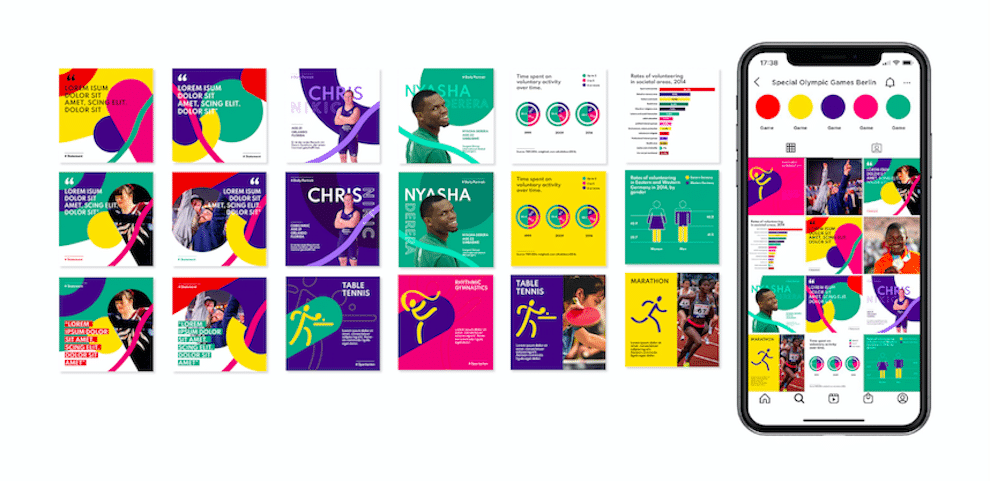 Corporate Design für die Special Olympics World Games Berlin 2023: digitale Anwendung Fotografien mit grafischen Elementen und Handy Screen