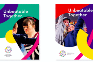 Corporate Design für die Special Olympics World Games Berlin 2023: Plakate mit Menschen und grafischen bunten Elementen