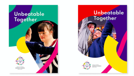 Corporate Design für die Special Olympics World Games Berlin 2023: Plakate mit Menschen und grafischen bunten Elementen