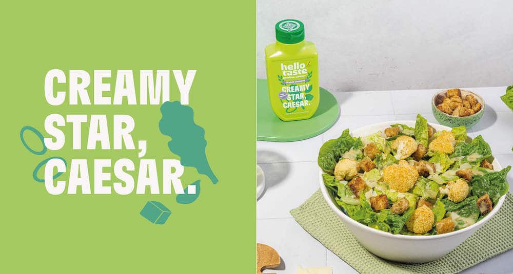 Branding von hellotaste: Links der Slogan "Cream Star, Caesar", rechts das Foto eines Caesar-Salads mit der Dressingtube im Hintergrund