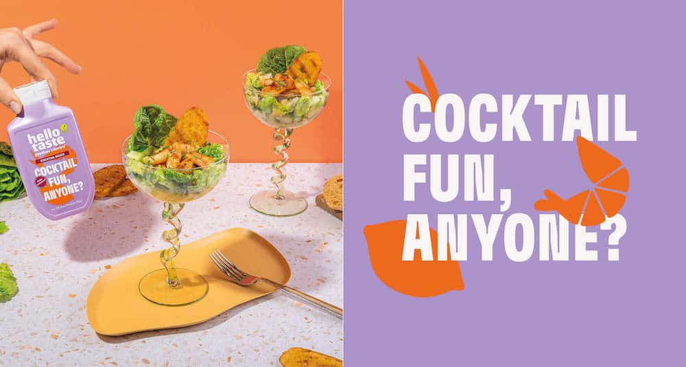 Branding von hellotaste: Links das Foto eines Salat-Cocktails mit der Cocktailsaucentube. Rechts steht: Cocktail Fun, anyone?