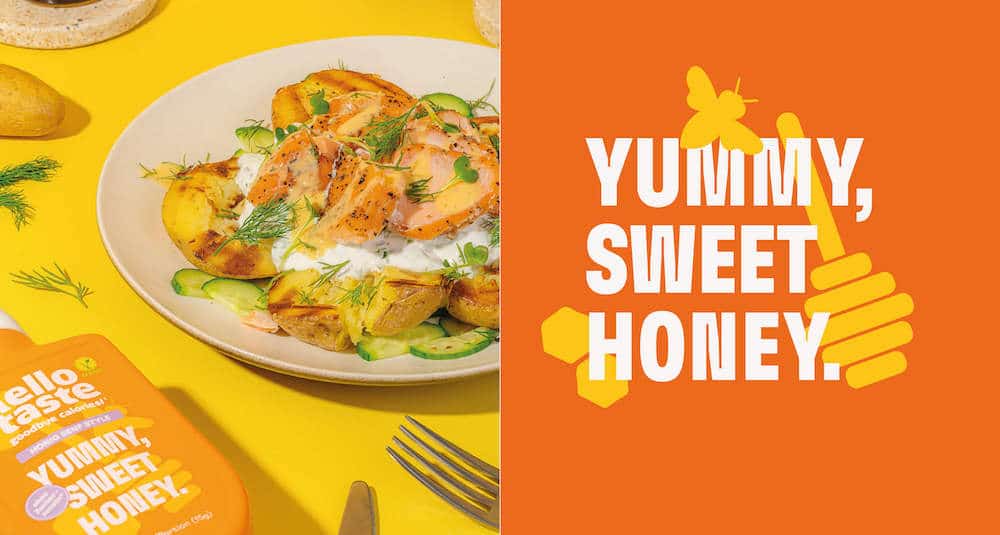 Branding von hellotaste: Links ein Foto von einem Kartoffelgericht und der Tube der Honigsauce. Rechts steht "Yummy, sweet honey"