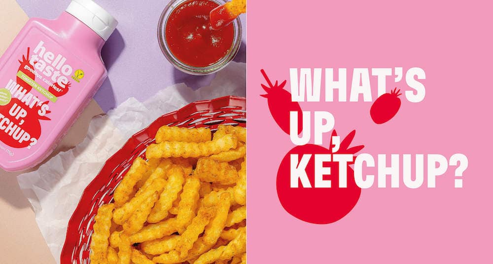 Branding von hellotaste: Links ein Foto mit Fritten und einer rosa Tube Ketchup. Rechts der Slogan "What's up, Ketchup?"