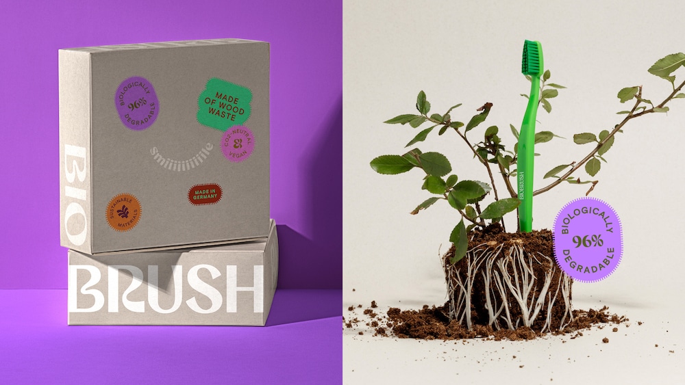 Redesign für die Zahnbürste "Biobrush" von  EIGA Strategic Brand Design. Links ein Karton für viele Zahnbürsten, rechts eine neongrüne Zahnbürste in einem Blumentopf