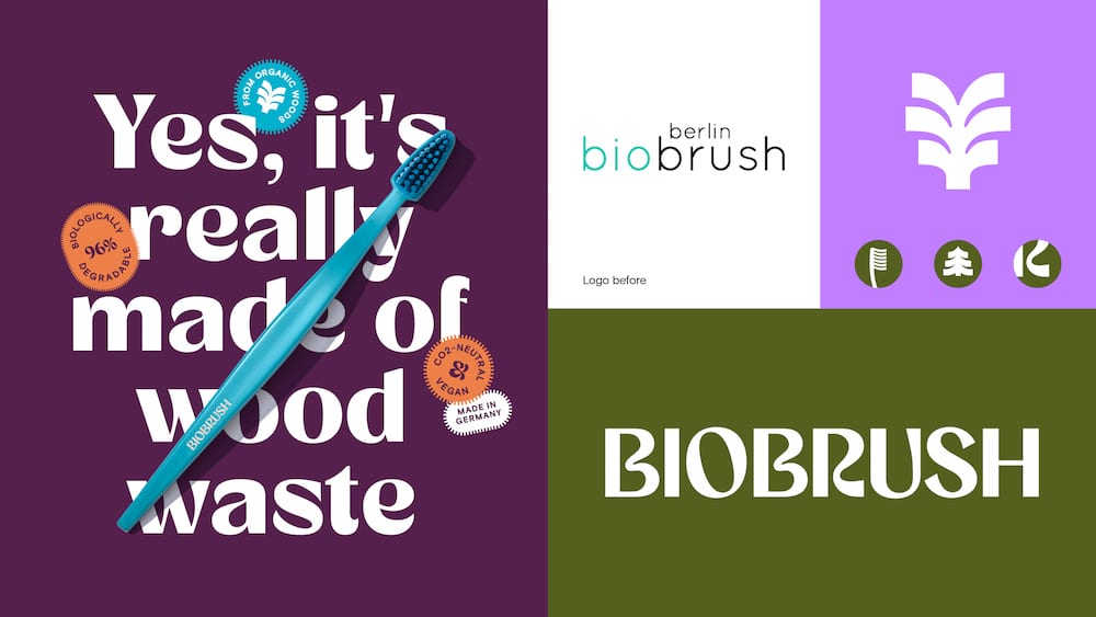 Redesign für die Zahnbürste "Biobrush" von  EIGA Strategic Brand Design. Vergleich des alten und neuen Designs in mehreren Visuals.