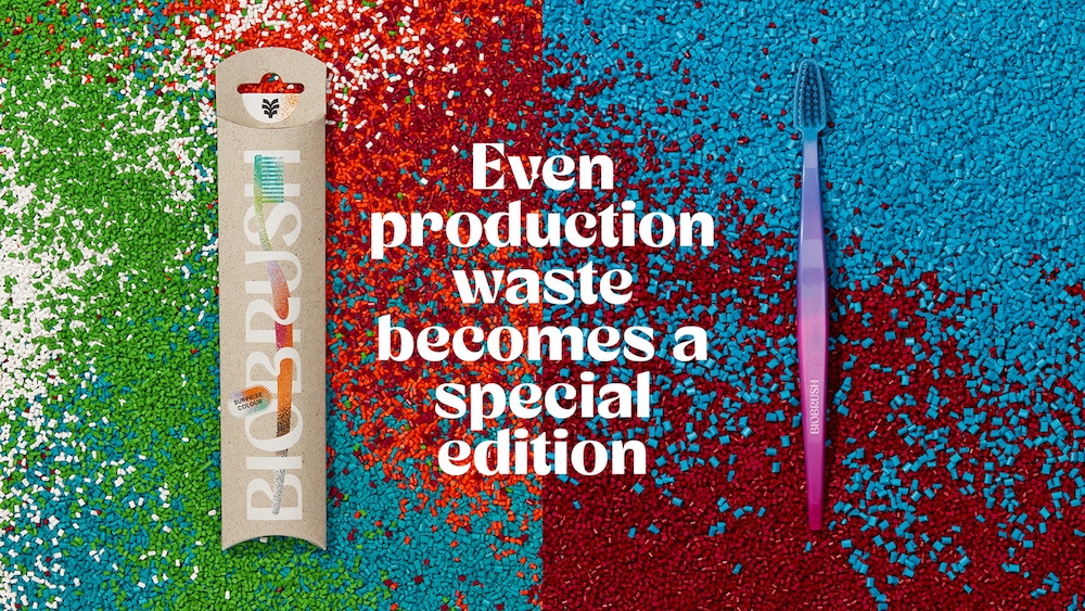 Redesign für die Zahnbürste "Biobrush" von  EIGA Strategic Brand Design. Links ein Bild der Verpackung, rechts ein Bild der Zahnbürste vor buntem Hintergrund. In der Mitte steht "Even production waste becomes a special edition"