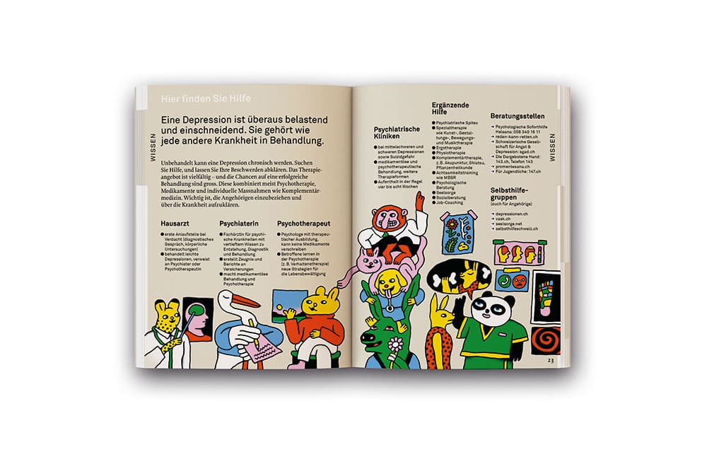 Doppelseite aus dem Helsana-Ratgeber zum Thema "Depression". Über beide Seiten werden mit kurzen Texten die Anlaufstellen für Menschen mit Depressionen erklärt. Diese werden ergänzt von lustigen Illustrationen von Tieren
