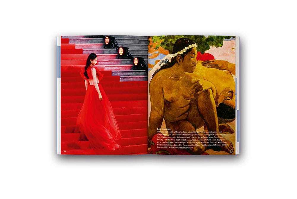 Doppelseite aus dem Helsana-Ratgeber zum Thema "Rücken". Auf der linken Seite das Foto einer Person, die in einem rückenfreien Kleid auf dem roten Teppich posiert. Auf der rechten Seite ein gemaltes Bild einer nackten Frau