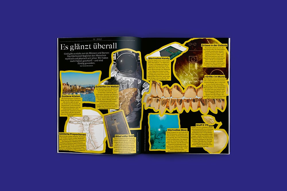 Doppelseite aus dem ZH-Magazin zum Thema "Gold". Kurze Blicke auf verschiedene Orte, an denen es glänzt mit jeweils einem Bild und einem kurzen Text