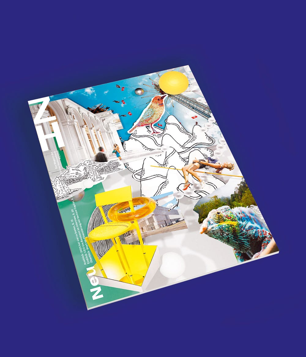 Cover des ZH-Magazins der Ausgabe zum Thema "Neu". Das Bild auf dem Cover ist collagiert aus farbigen Fotos und schwarz-Weißen Zeichnungen