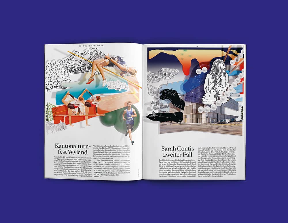 Doppelseite aus dem ZH-Magazin zum Thema "Neu". Pro Seite ist eine kurzer Text zu lesen und darüber jeweils eine Illustration, die wie das Cover des Magazins collagiert ist