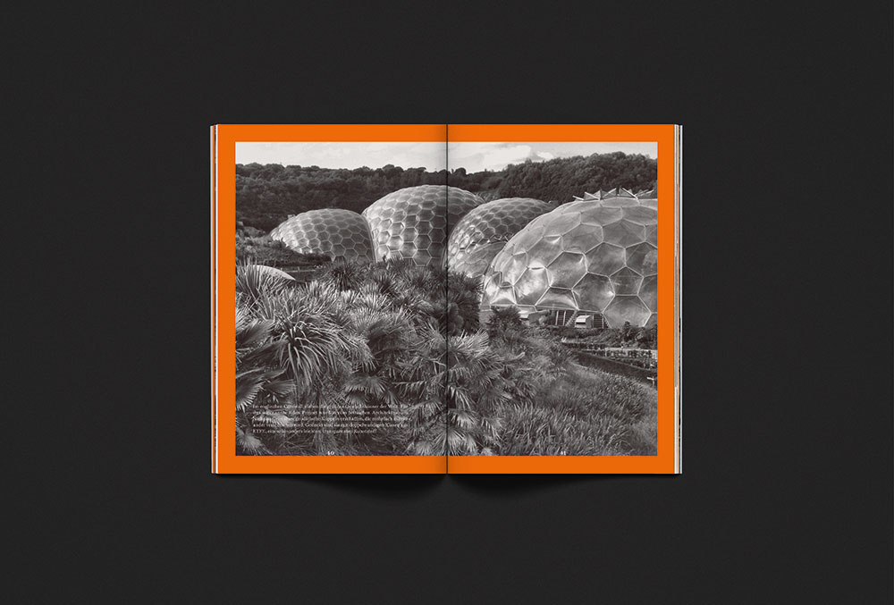 Doppelseite aus dem Realitäten-Magazin zum Thema "Luft" in mit orangem Streifen um ein monochromes Foto in schwarz-weiß