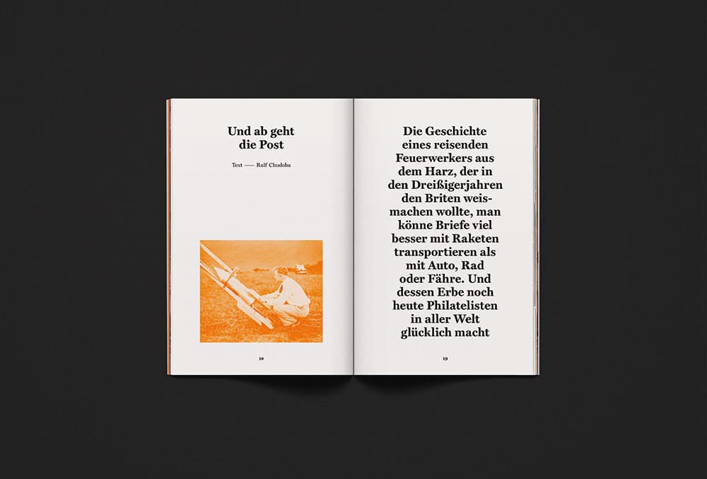Doppelseite aus dem Realitäten-Magazin zum Thema "Luft" in mit orange-monochromen Bild und schwarzer Typografie