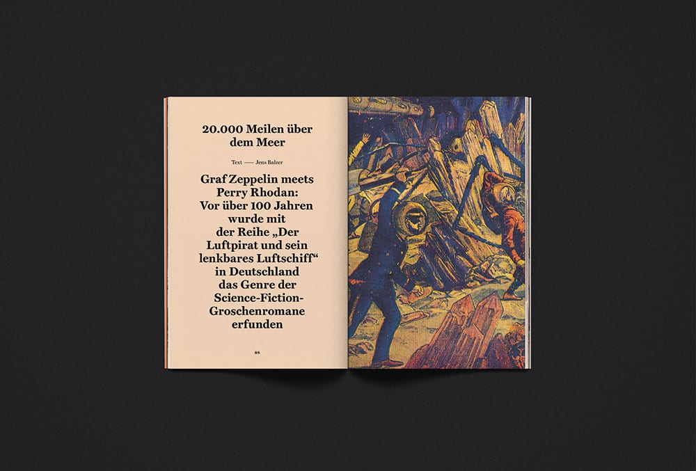 Doppelseite aus dem Realitäten-Magazin zum Thema "Luft". Auf der linken Seite ein Text, auf der rechten Seite eine Illustration