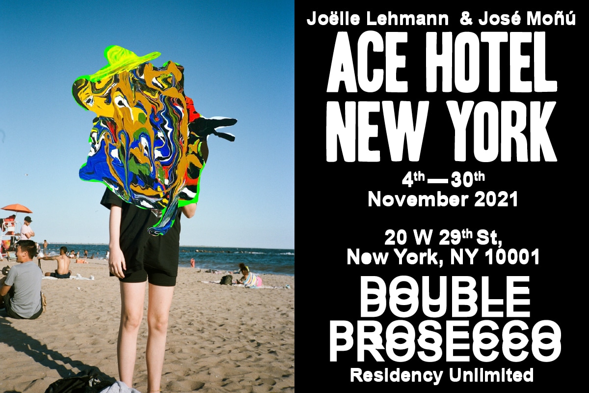 Veranstaltungsposter für das ACE Hotel in New York. Links das Foto einer Person, die am Strand steht und deren Oberkörper sich in eine metallische, fluide Form auflöst. Auf der rechten Seite Details zur Veranstaltung. 