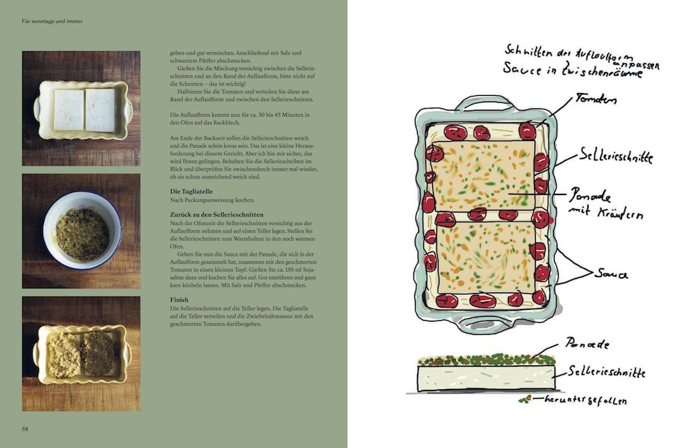 Doppelseiten für das Rezept von Sellerieschnitten mit Fotos und Text auf der linken und einer Illustration auf der rechten Seite