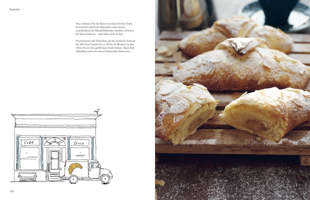 Links eine Illustration von einem Bäckerwaren mit Croissantaufdruck, auf der rechten Seite ein Foto von gefüllten Mandelhörnchen