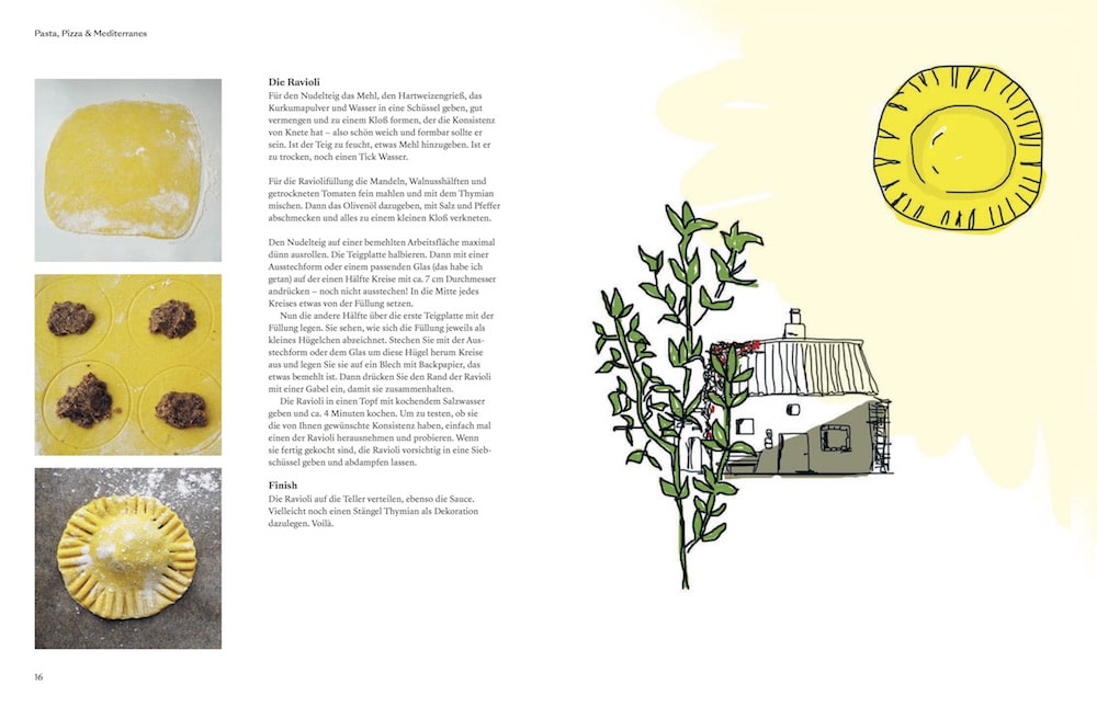 Fotografische Anleitung für das Erstellen von Ravioli auf der linken Seite neben einem Erklärtext. Auf der rechten Seite eine Illustration mit einem Haus hinter einem Baum, darüber eine Sonne aus Ravioli.