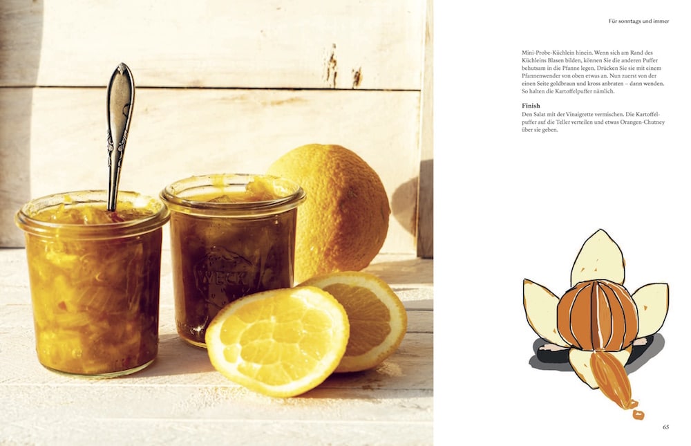 Doppelseite aus dem Kochbuch von Herrn Grün. Auf der linken Seite ein Foto von Orangenchutney im Glas. Auf der rechten Seite ein kurzer Text über einer gezeichneten Vignette einer geschälten Orange.