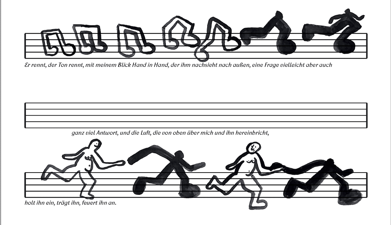 Illustrierte Partitur; Figuren wie Noten rennen über Liniensystem