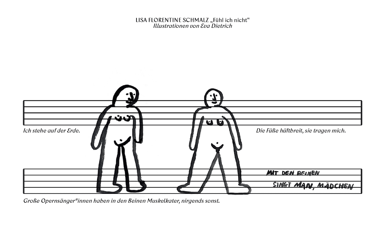 Illustrierte Partitur; Figuren auf Notenliniensystem und Zitat über Opersängerinnen