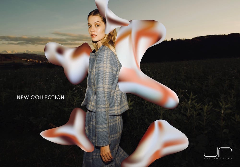 Modekampagnen des Studio Thom Pfister für Javier Reyes. Plakat für die neue Kollektion. Eine blonde Frau in Businessklamotten verschmilzt mit psychedelischen 3D-Formen vor einer Landschaft in der Abenddämmerung.