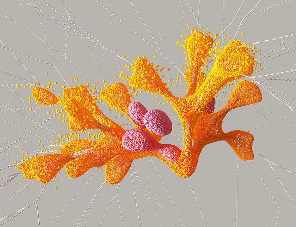 Abstract fluid shape in yellow and orange with pink details that seems to be flowing in a grey space. The shape is attached to geometric lines that are formed out of dots.