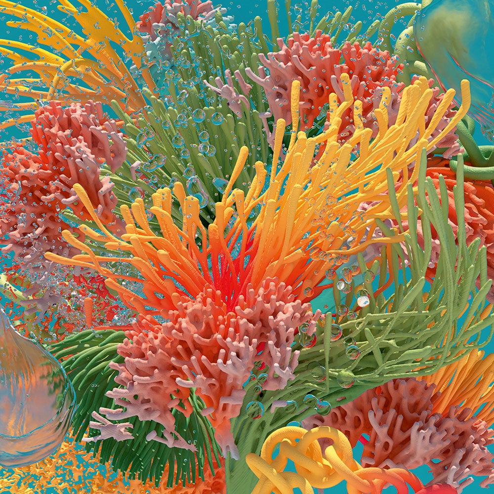 Colourful shapes that look like algae and corals before a turquoise background.