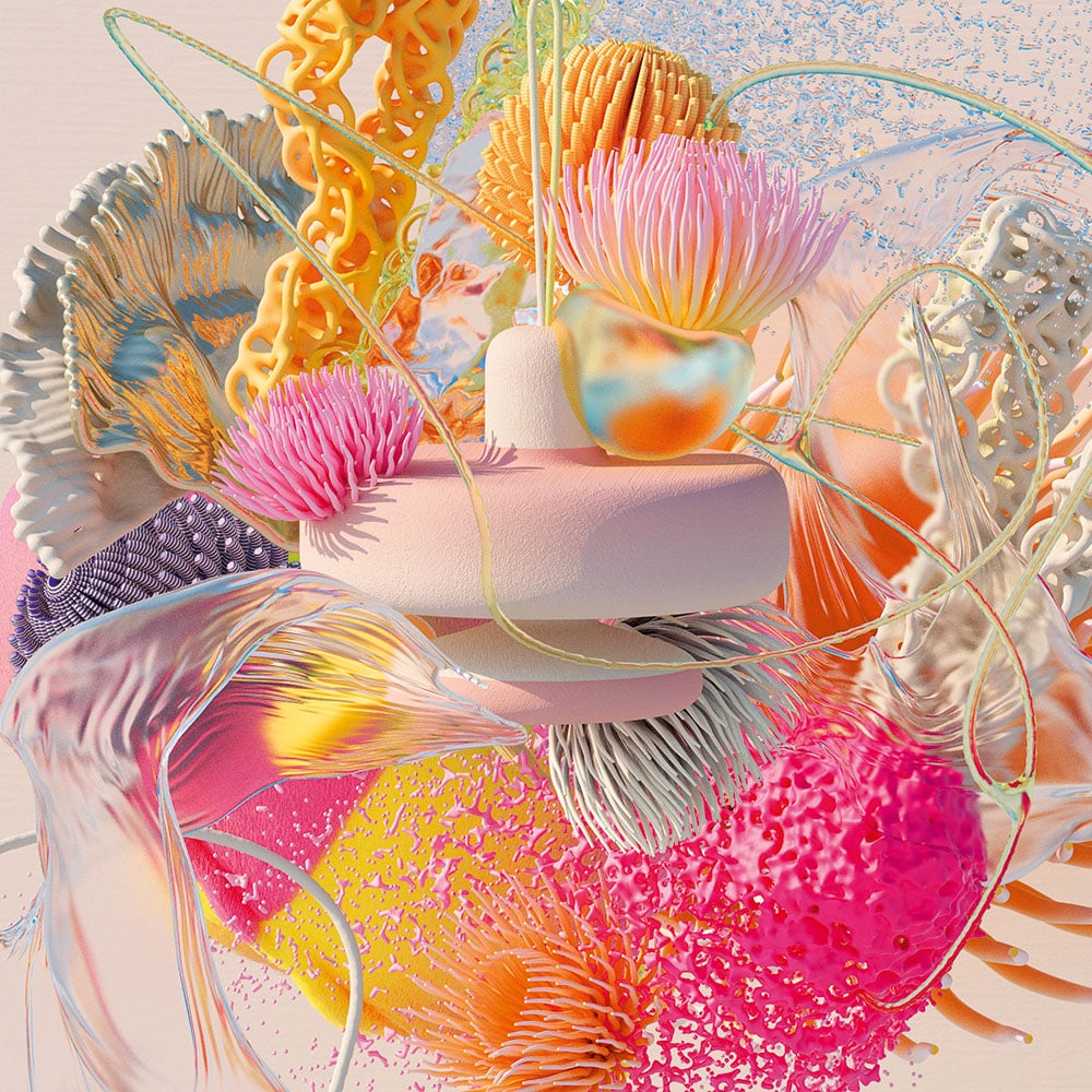 Colorful shapes that remind the viewer of corals, flowers and mussels in a dynamic composition