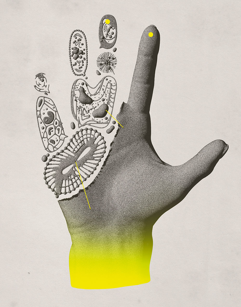 Very delicate and realistic drawing of a human hand in greyscale with bright yellow details. The small finger, the ring finger and the middle finger as well as part of the palm of the hand dissolve into abstract shapes that float.