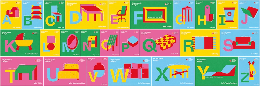 Pop-Art-Kampagne für den Salone del Mobile: 26 Motive mit Bonbonfarben und aus Scherenschnitt