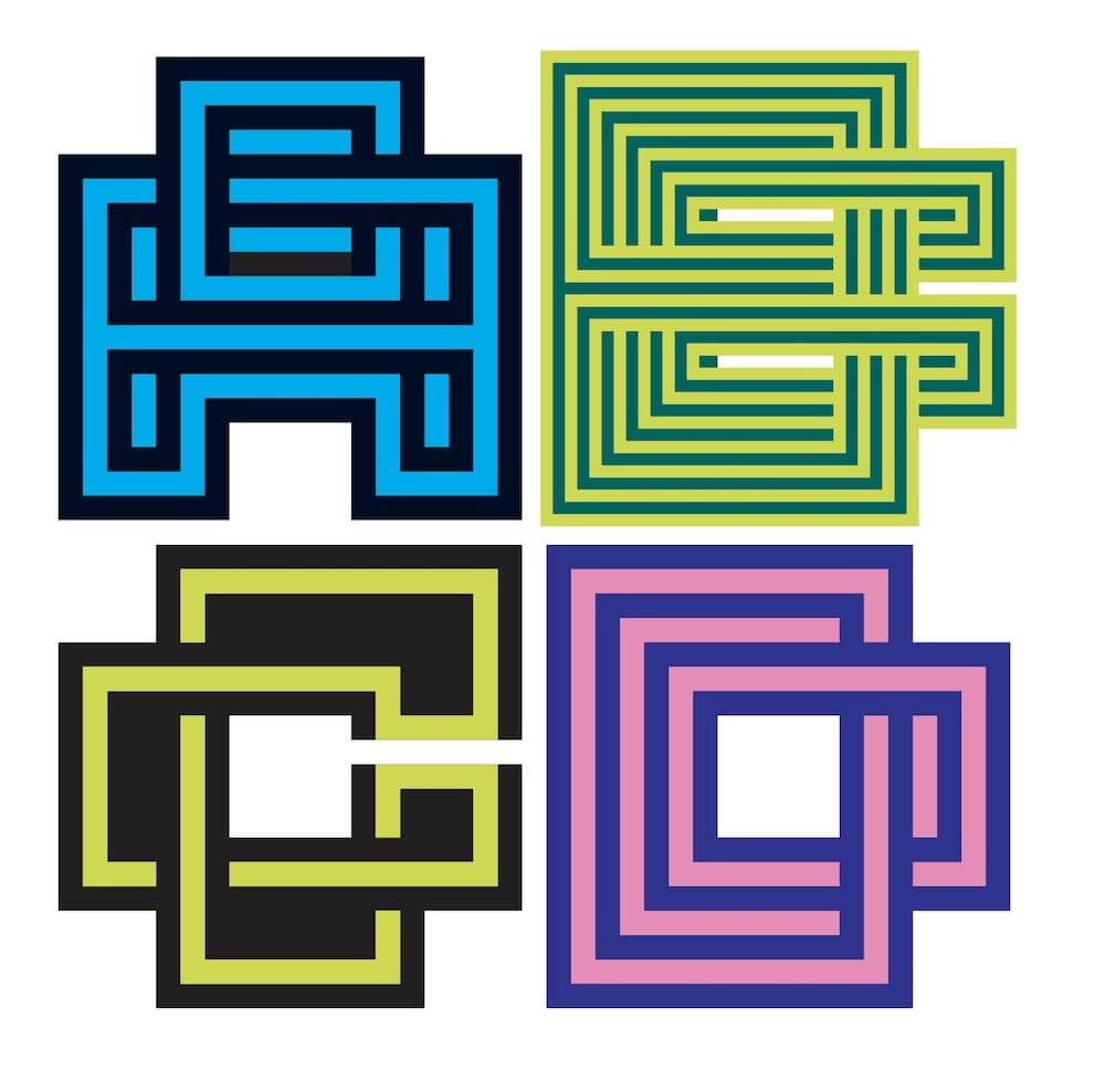 Lo Res Monospaced Font: Die Buchstaben A B C D in vier verschiedenen Schnitten der Schriftfamilie