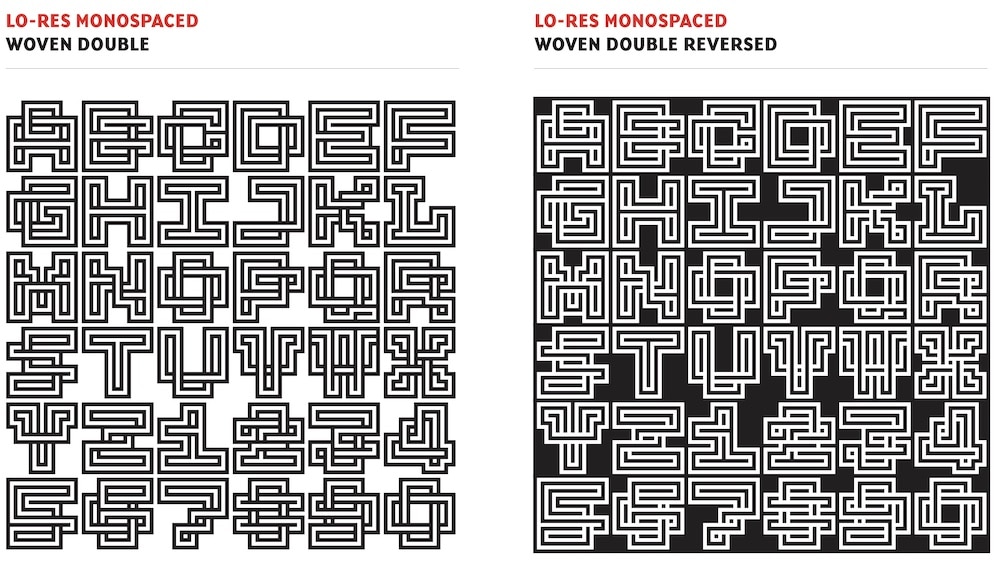 Lo Res Monospaced Font: Das Alphabet in den SChnitten Woven Double und Woven Double Reversed nebeneinander