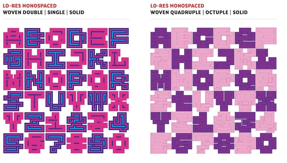 Lo Res Monospaced Font: Das Alphabet in den SChnitten Woben Double/Single/Solid und Woven Quadrouple / Octuple / Solid nebeneinander