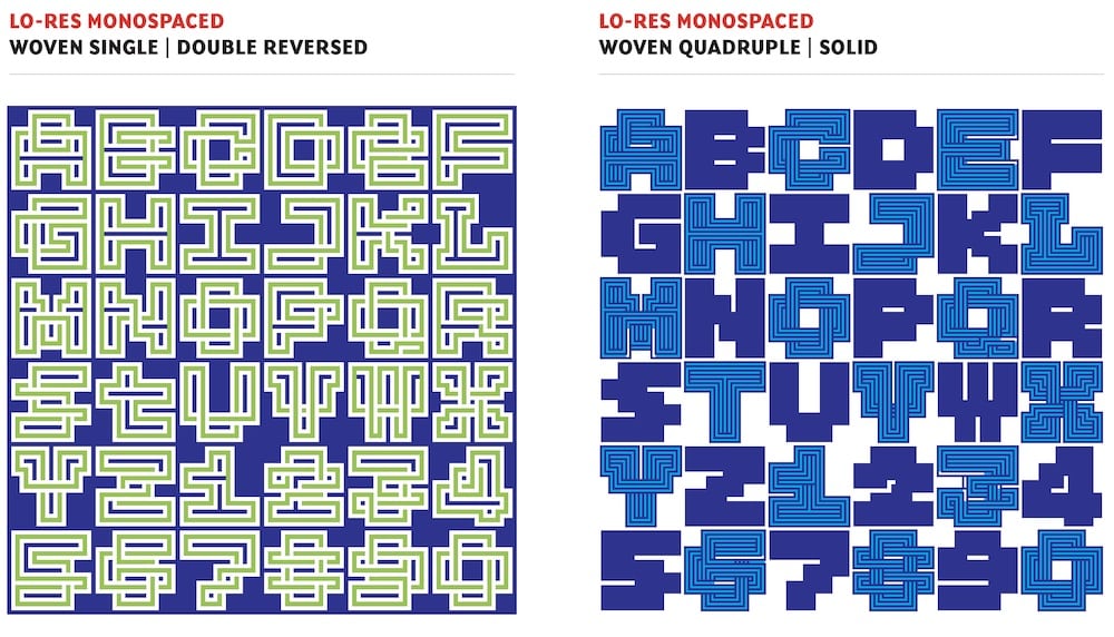 Lo Res Monospaced Font: Das Alphabet in den SChnitten Woven Single/Double Reversed und Woven Quadrouple / Solid  nebeneinander