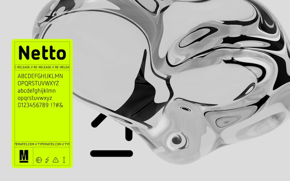 Serifenlosen Font "Netto": Alphabet, Glyphen und fluide 3D-Form im Hintergrund