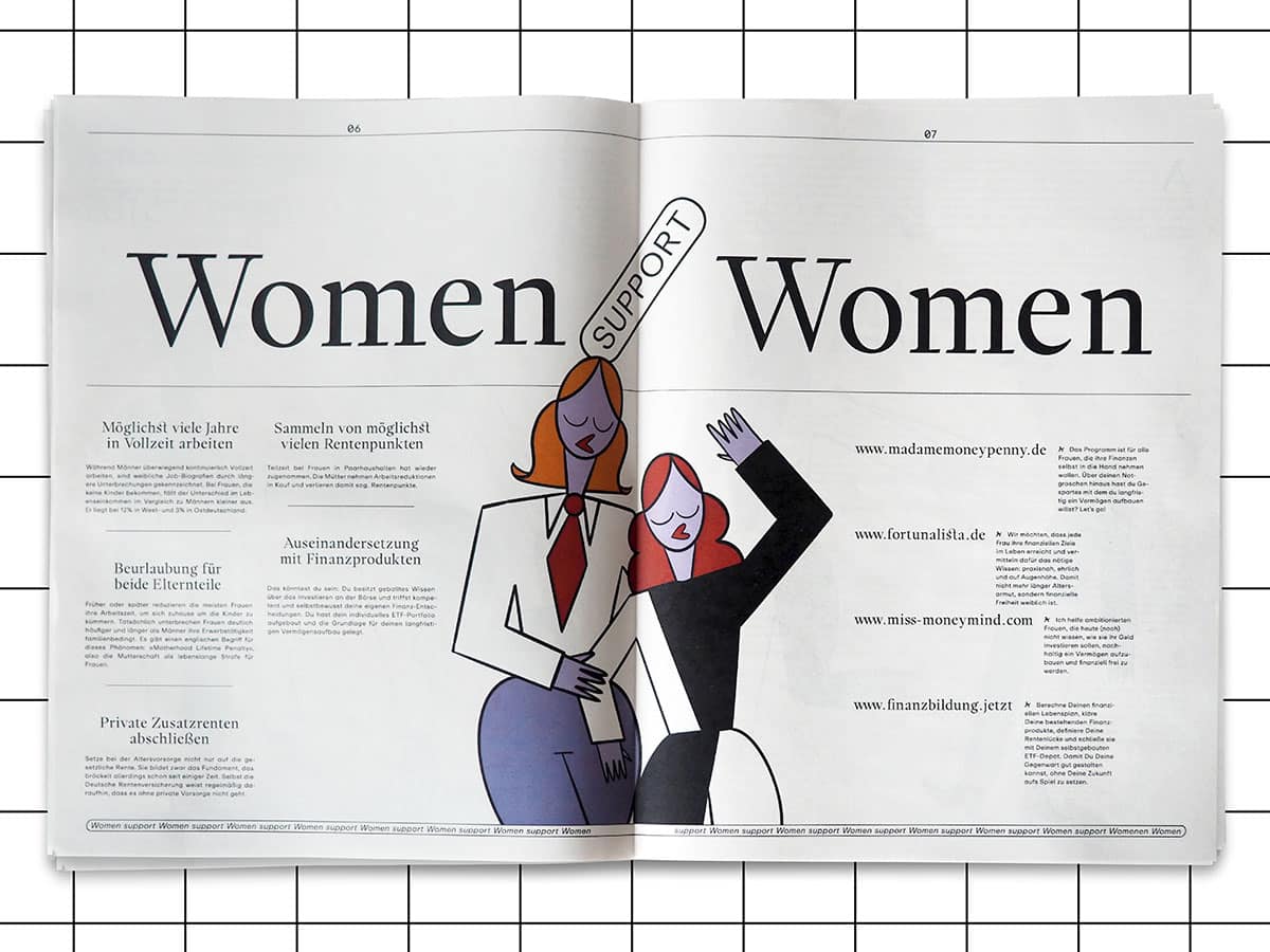 Zwei illustrierte Frauen stehen im Falz der Zeitung, um sie herum sind Fakten aufgelistet