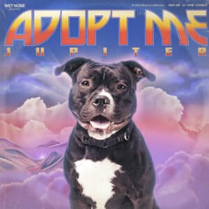 Ein Artwork mit einer Bulldogge vor einem violetten Himmel und einem stilisierten Schriftzug, auf dem »Adopt me« steht