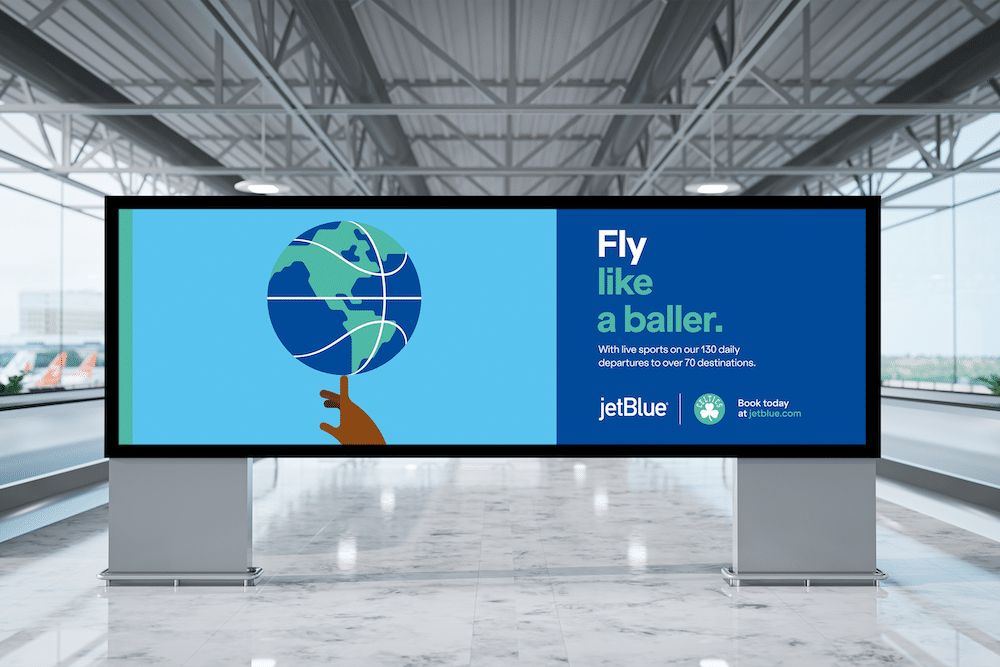 Fly like a baller: Digitales Billboard von Jet Blue mit einer Illustration von Pâté 