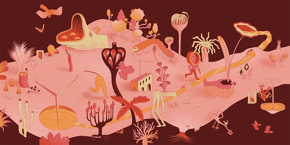 Illustration für das Plattencover von PointNoPoint von Ronja Fischer in Rosa- und Brauntönen