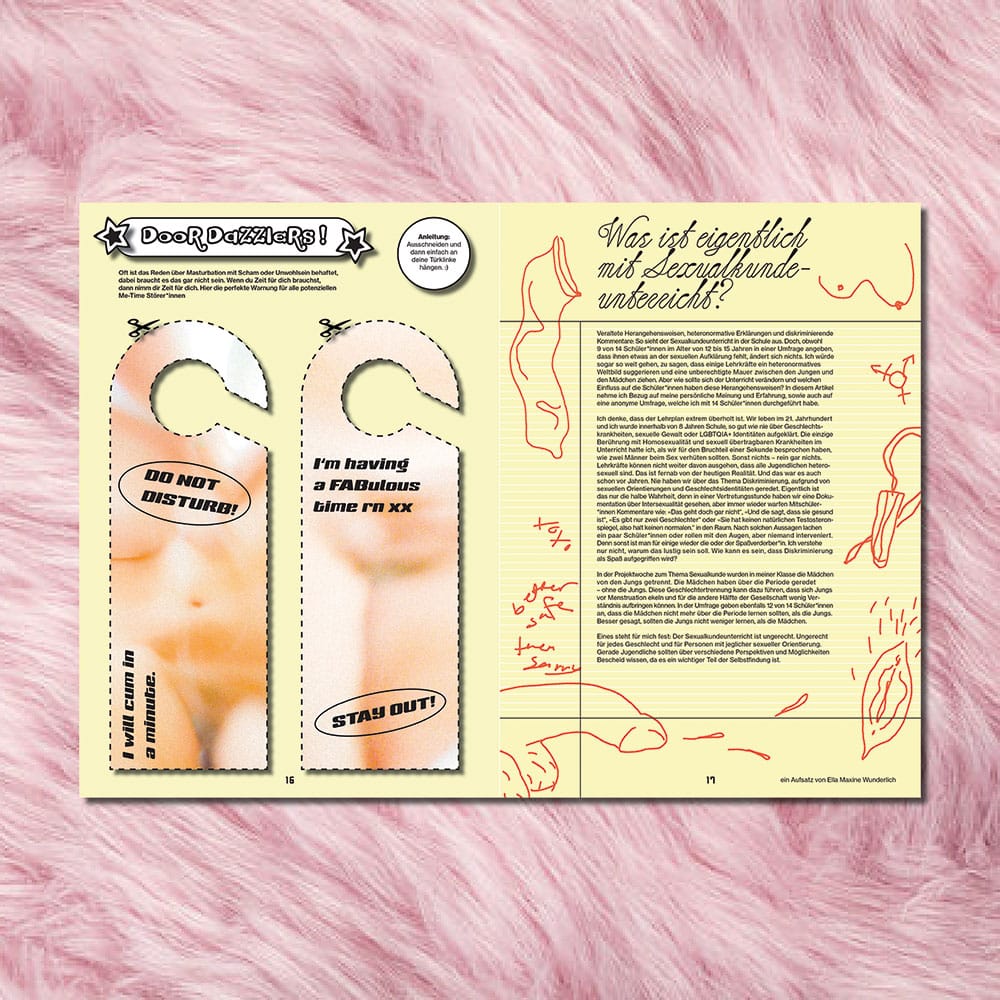 Doppelseite des Magazins Sh!neey vor rosa Plüschhintergrund